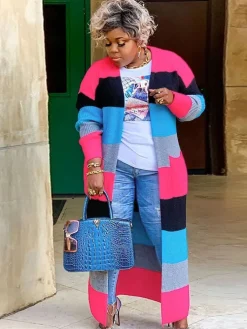 Plus Size Color Block Long Sleeve Sweater Cardigan