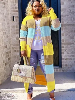 Plus Size Color Block Long Sleeve Sweater Cardigan