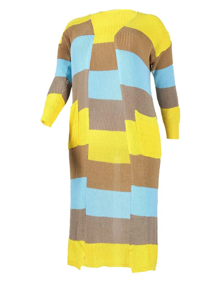 Plus Size Color Block Long Sleeve Sweater Cardigan