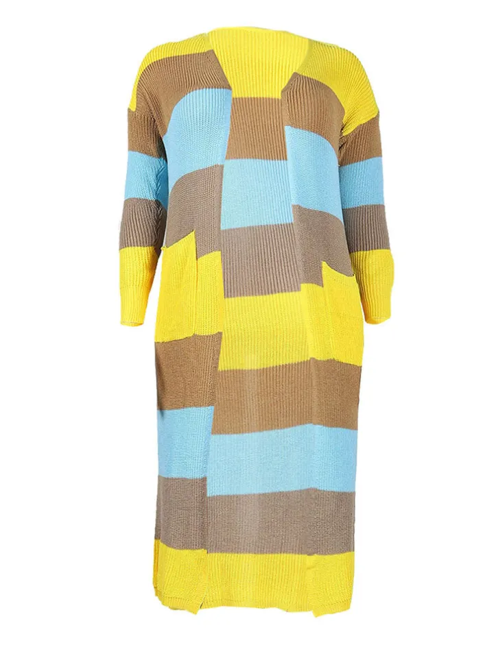 Plus Size Color Block Long Sleeve Sweater Cardigan