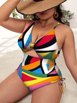 Plus Size Floral Print Backless Swimsuit