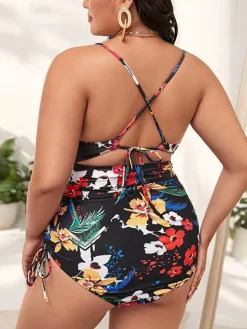 Plus Size Floral Print Backless Swimsuit