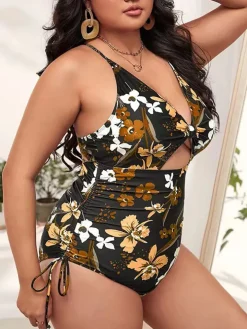 Plus Size Floral Print Backless Swimsuit