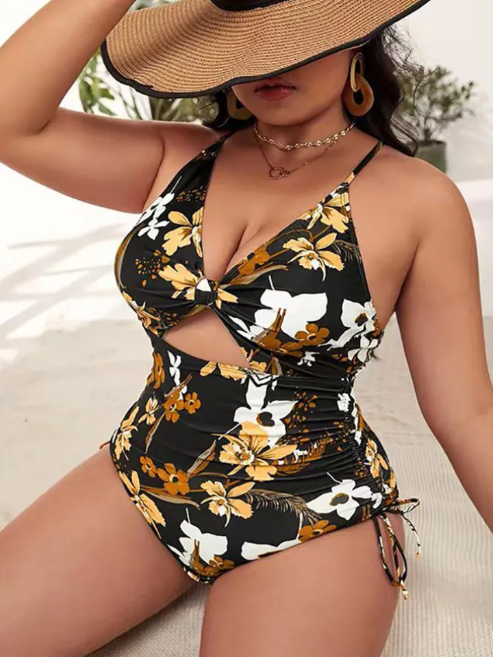 Plus Size Floral Print Backless Swimsuit