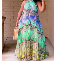 Plus Size Floral Print Halter Neck Maxi Dress