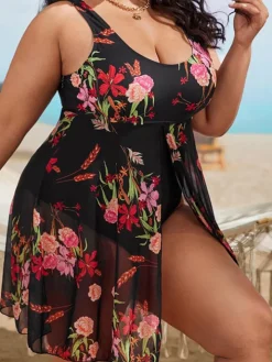 Plus Size Floral Print Mesh Bikini Bodysuit