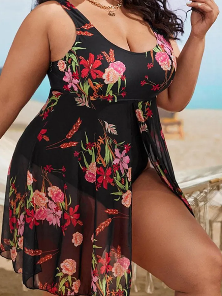 Plus Size Floral Print Mesh Bikini Bodysuit