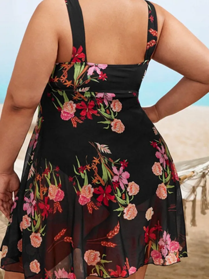 Plus Size Floral Print Mesh Bikini Bodysuit