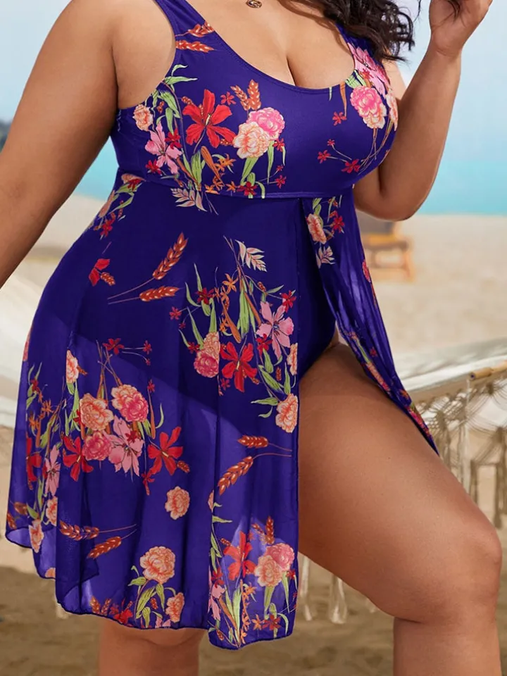 Plus Size Floral Print Mesh Bikini Bodysuit