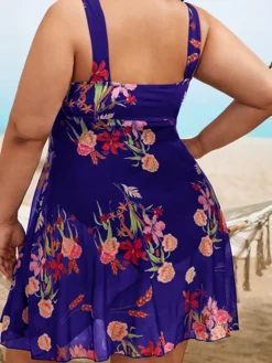 Plus Size Floral Print Mesh Bikini Bodysuit