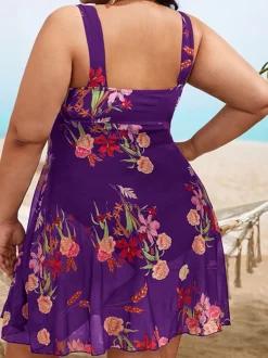 Plus Size Floral Print Mesh Bikini Bodysuit