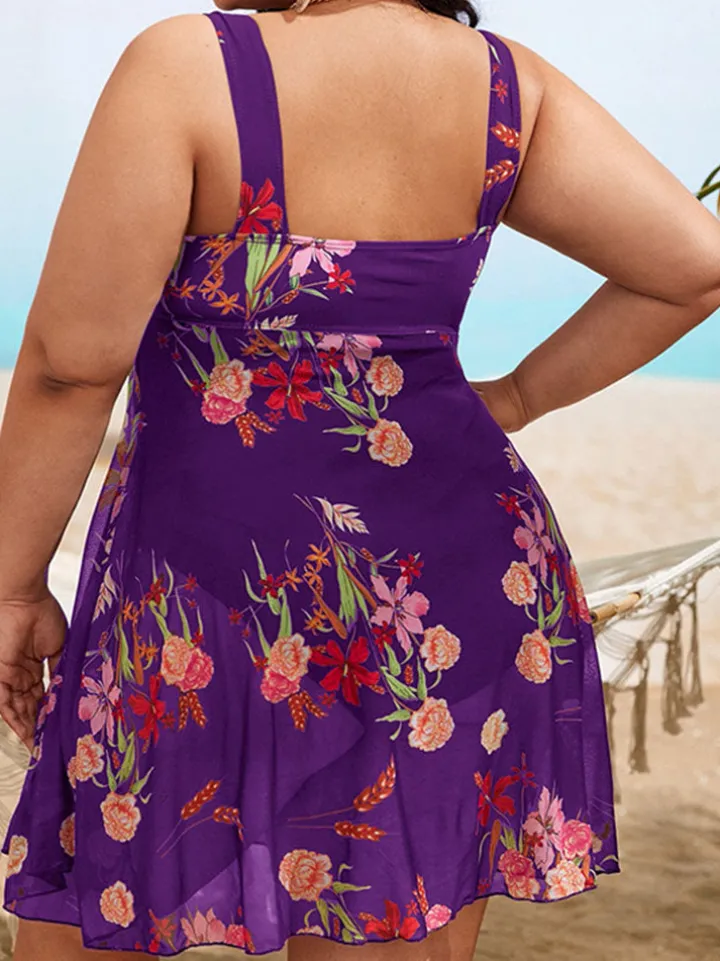 Plus Size Floral Print Mesh Bikini Bodysuit