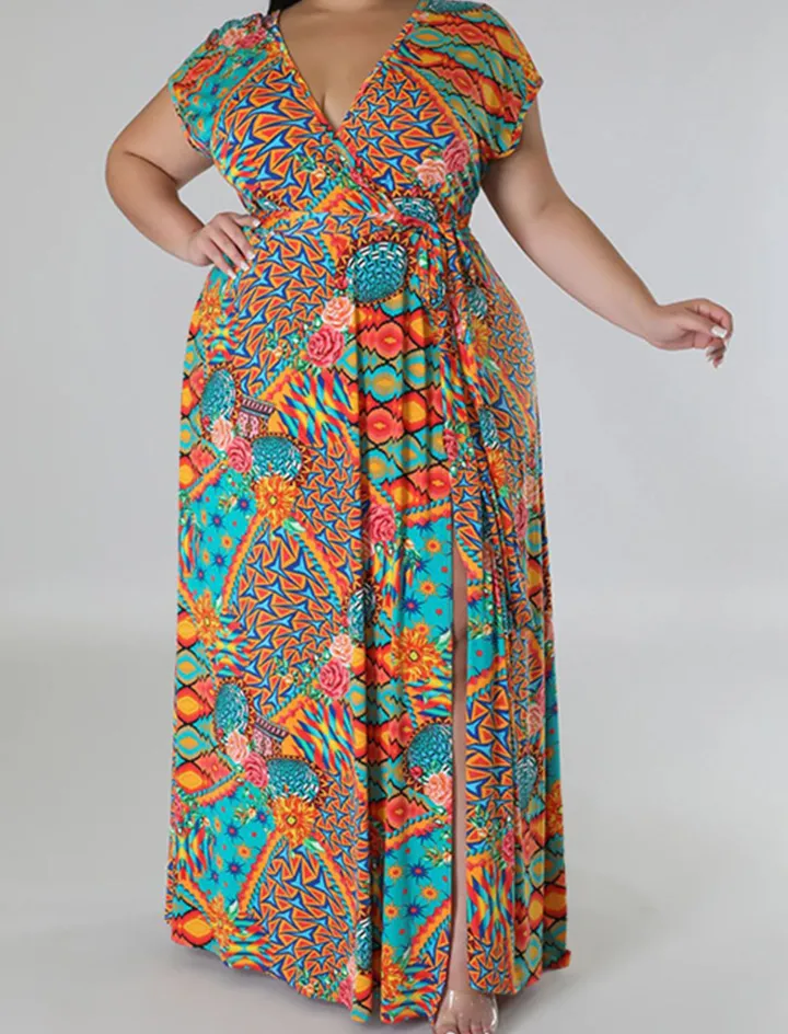Plus Size Floral Print Split Maxi Dress