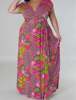Plus Size Floral Print Split Maxi Dress