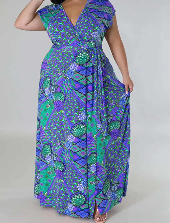 Plus Size Floral Print Split Maxi Dress