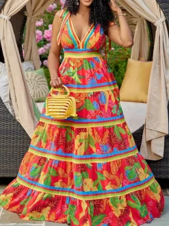 Plus Size Floral Print Strap A-Line Maxi Dress