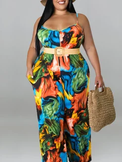 Plus Size Floral Print Strap Jumpsuit with Belt