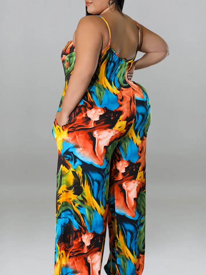 Plus Size Floral Print Strap Jumpsuit with Belt