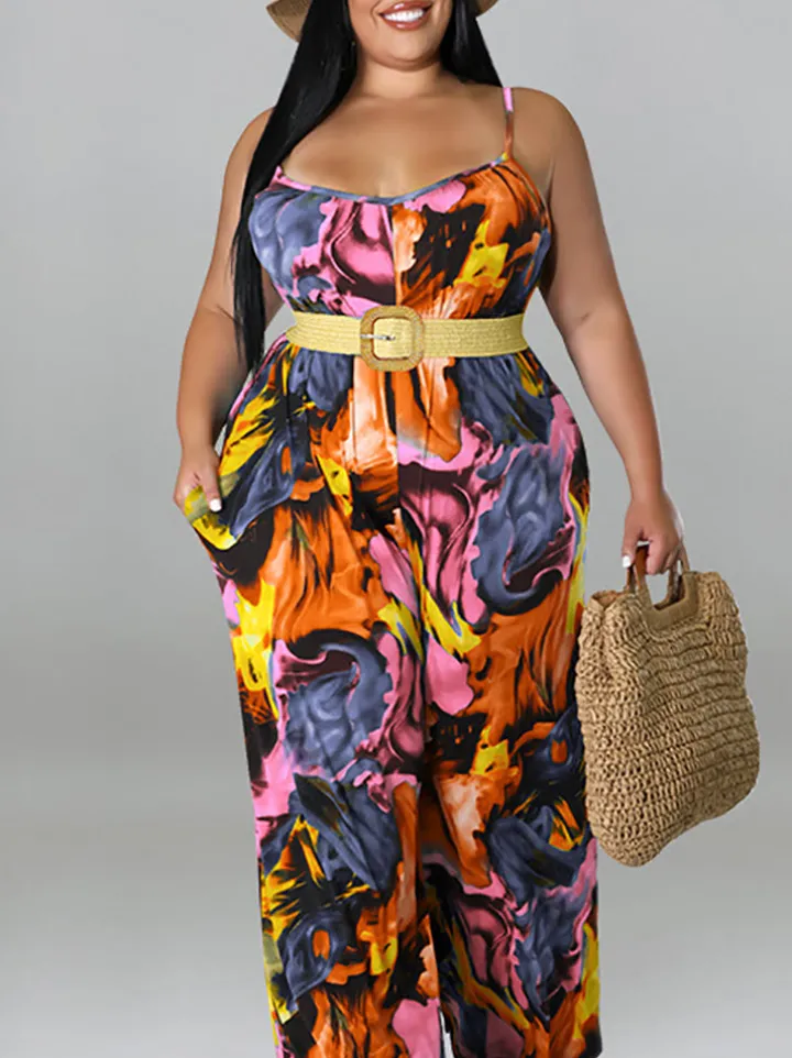 Plus Size Floral Print Strap Jumpsuit with Belt