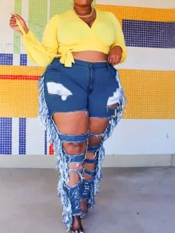 Plus Size Fringe Ripped Cutout Denim Jeans