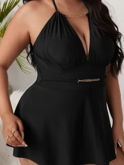 Plus Size Halter Chian Backless Swimsuit