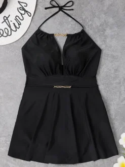 Plus Size Halter Chian Backless Swimsuit