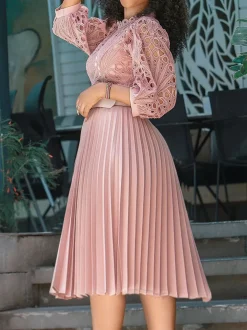 Plus Size Lace Hollow Out Pleated Dress