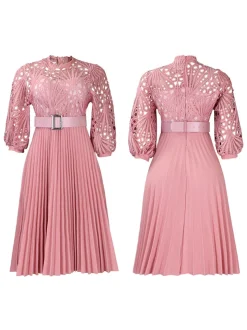 Plus Size Lace Hollow Out Pleated Dress