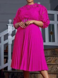 Plus Size Lace Hollow Out Pleated Dress