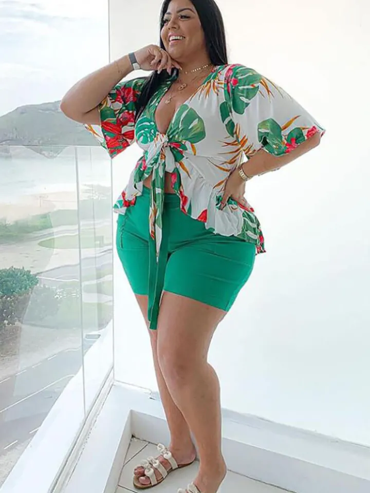 Plus Size Lace Up Ruffle Sleeve Floral Shorts Set