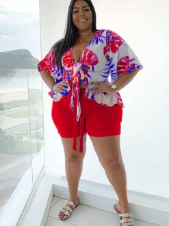 Plus Size Lace Up Ruffle Sleeve Floral Shorts Set