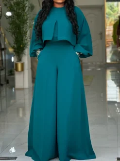 Plus Size Lantern Sleeve Wide Leg Pants Set