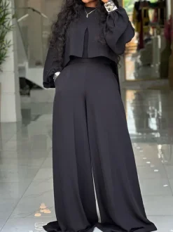 Plus Size Lantern Sleeve Wide Leg Pants Set