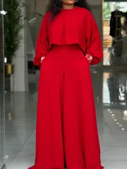 Plus Size Lantern Sleeve Wide Leg Pants Set