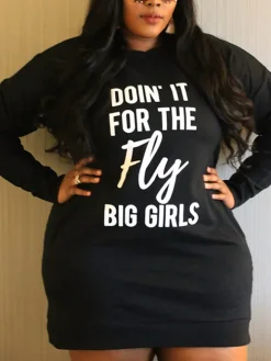 Plus Size Letter Print Hooded Sweatshirt Dress
