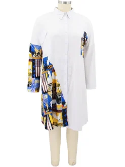 Plus Size Long Sleeve Loose Shirts Midi Dress