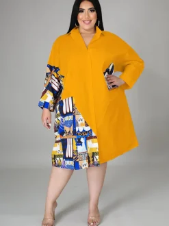 Plus Size Long Sleeve Loose Shirts Midi Dress