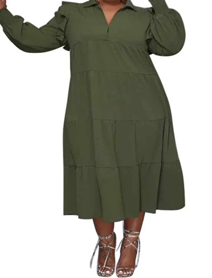Plus Size Long Sleeve Ruffle Lapel Maxi Dress