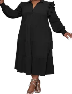 Plus Size Long Sleeve Ruffle Lapel Maxi Dress
