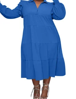 Plus Size Long Sleeve Ruffle Lapel Maxi Dress