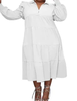 Plus Size Long Sleeve Ruffle Lapel Maxi Dress