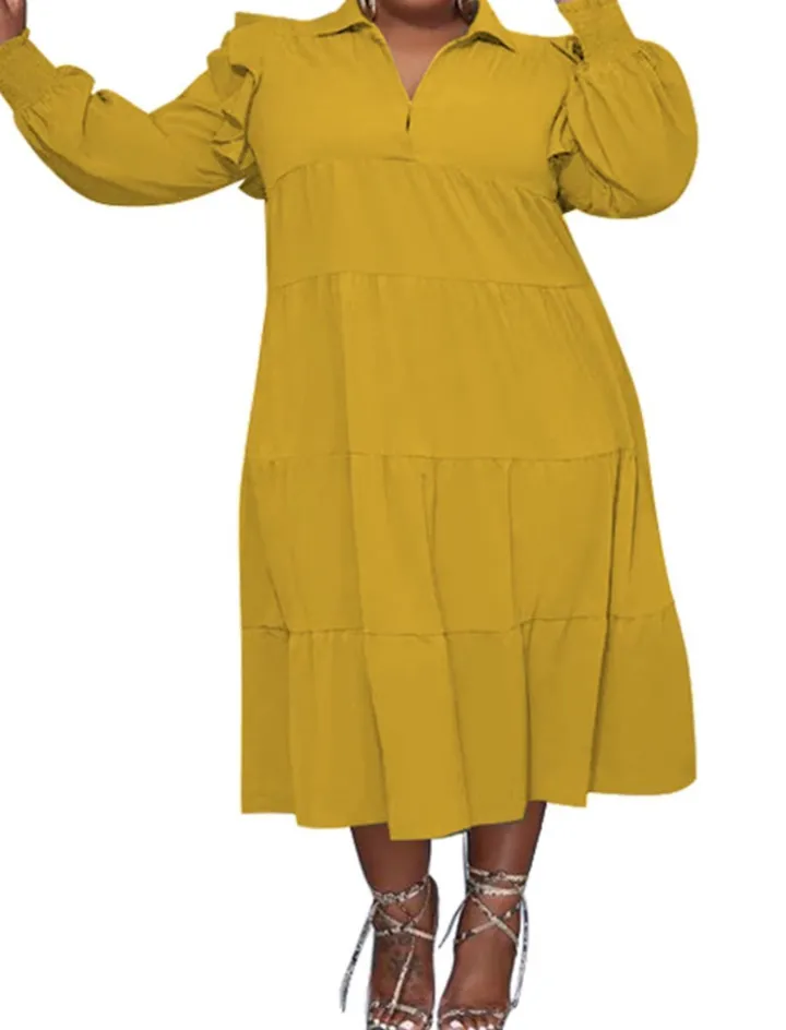 Plus Size Long Sleeve Ruffle Lapel Maxi Dress