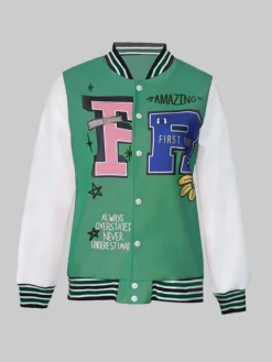 Plus Size Long Sleeves Button Baseball Jacket