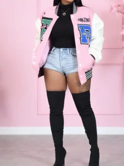 Plus Size Long Sleeves Button Baseball Jacket