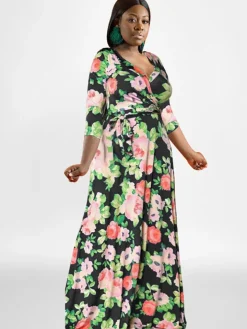 Plus Size Long Sleeves Floral Print Maxi Dress