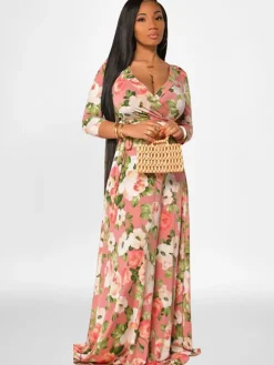 Plus Size Long Sleeves Floral Print Maxi Dress
