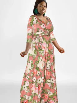 Plus Size Long Sleeves Floral Print Maxi Dress