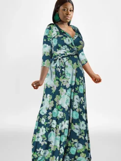 Plus Size Long Sleeves Floral Print Maxi Dress