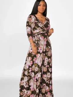 Plus Size Long Sleeves Floral Print Maxi Dress