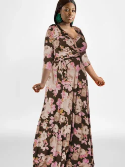 Plus Size Long Sleeves Floral Print Maxi Dress